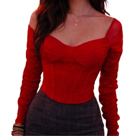 Windsor Tops - Windsor Small Red Corset Ruched Long‎ Sleeve Top Womens Romantic Night Out